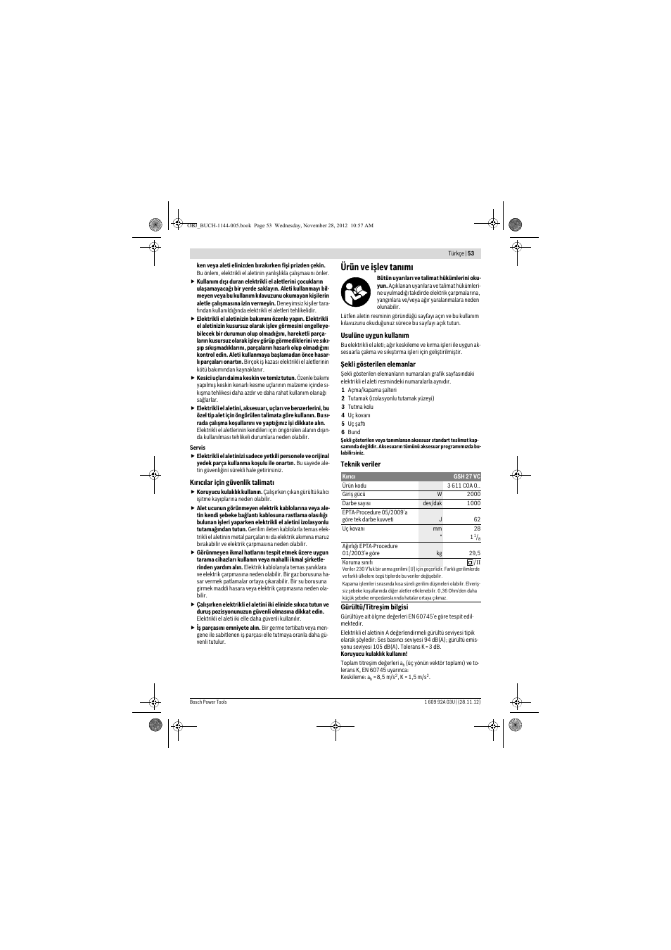 Ürün ve işlev tanımı | Bosch GSH 27 VC Professional User Manual | Page 53 / 119