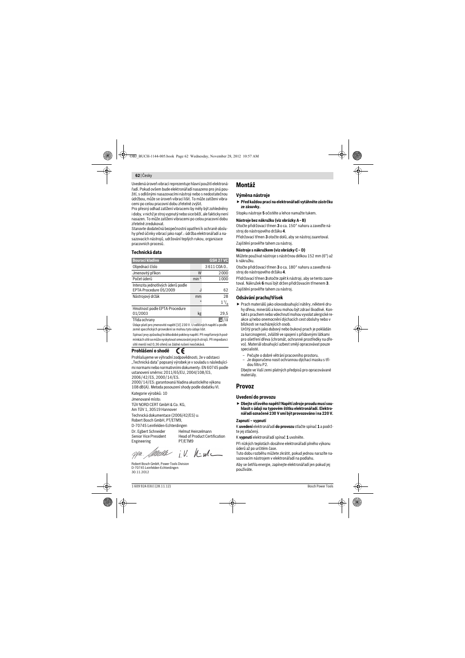 Montáž, Provoz | Bosch GSH 27 VC Professional User Manual | Page 62 / 119