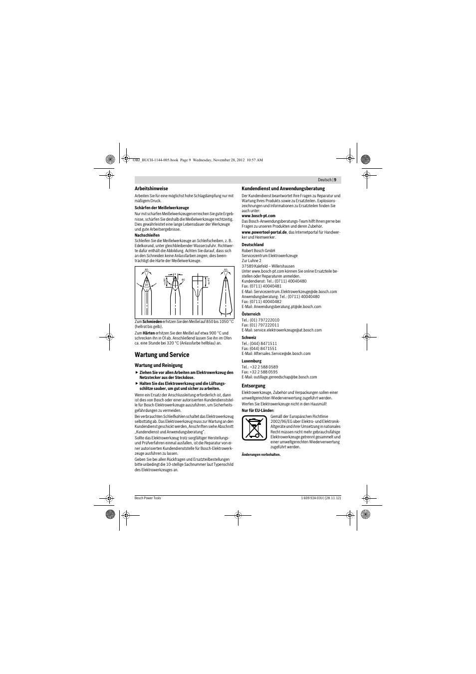 Wartung und service | Bosch GSH 27 VC Professional User Manual | Page 9 / 119