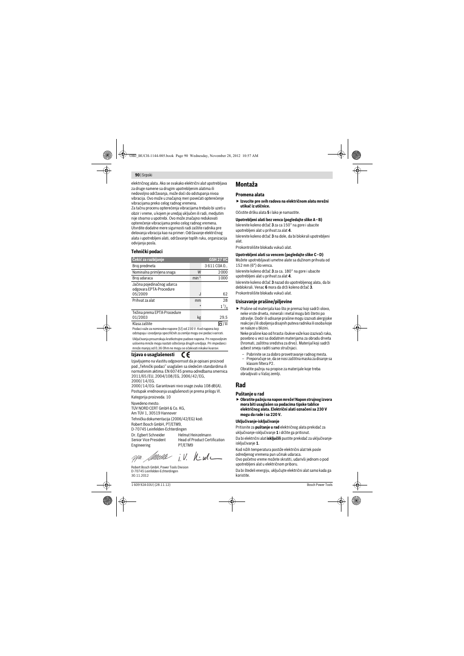 Montaža | Bosch GSH 27 VC Professional User Manual | Page 90 / 119