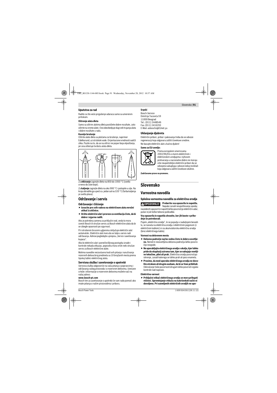 Slovensko, Održavanje i servis, Varnostna navodila | Bosch GSH 27 VC Professional User Manual | Page 91 / 119