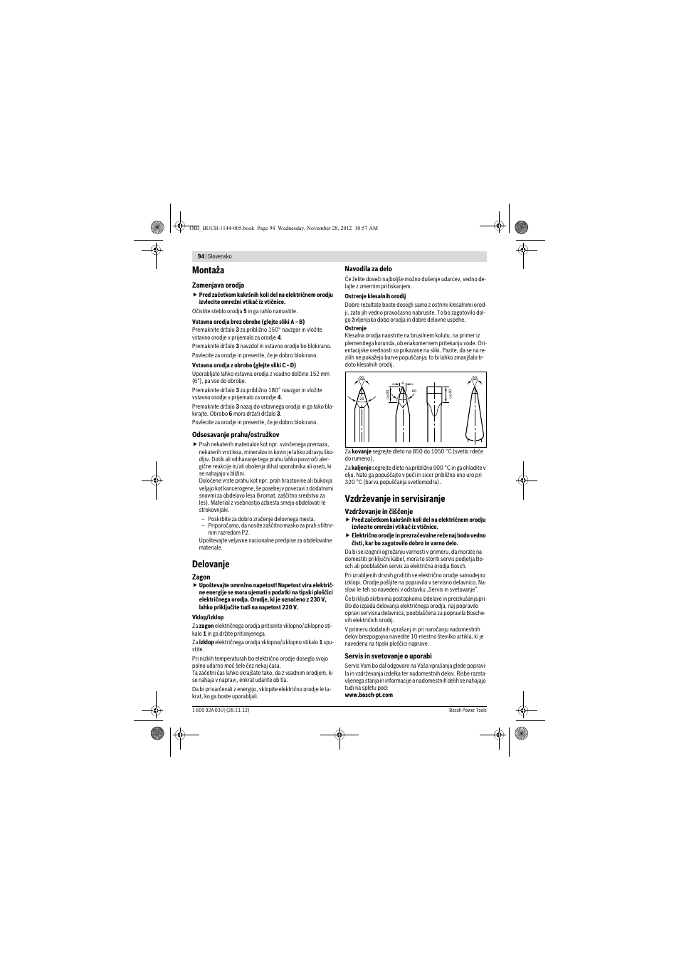 Montaža, Delovanje, Vzdrževanje in servisiranje | Bosch GSH 27 VC Professional User Manual | Page 94 / 119