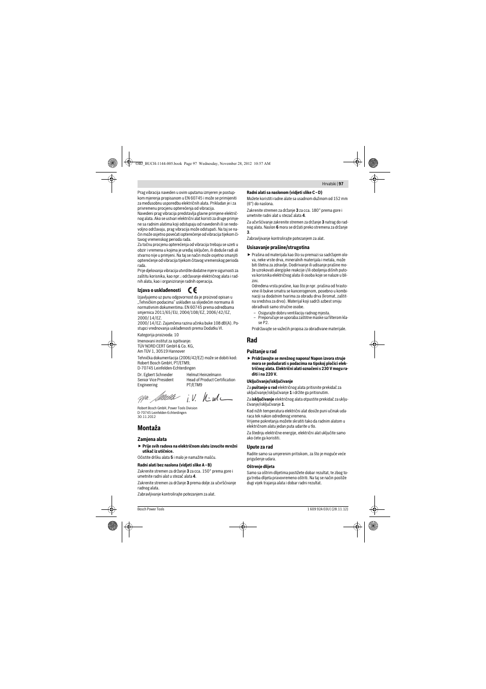 Montaža | Bosch GSH 27 VC Professional User Manual | Page 97 / 119