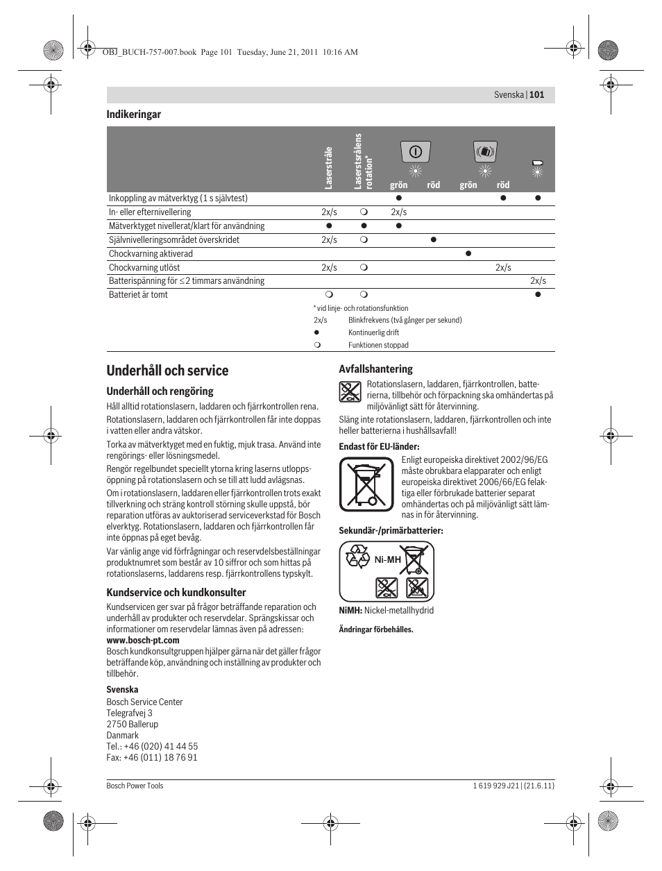 Underhåll och service | Bosch GRL 300 HV Professional User Manual | Page 101 / 309