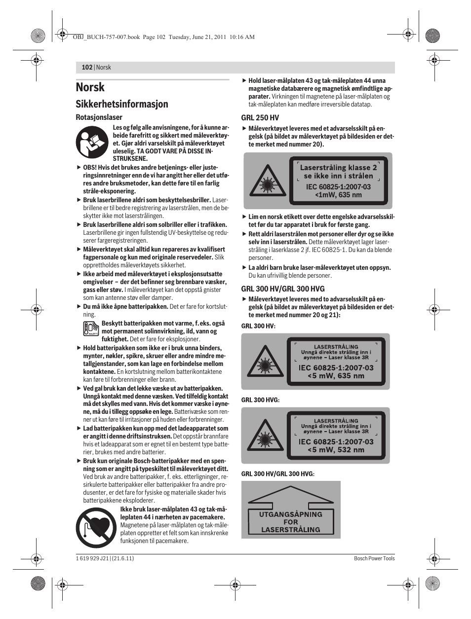 Norsk, Sikkerhetsinformasjon | Bosch GRL 300 HV Professional User Manual | Page 102 / 309