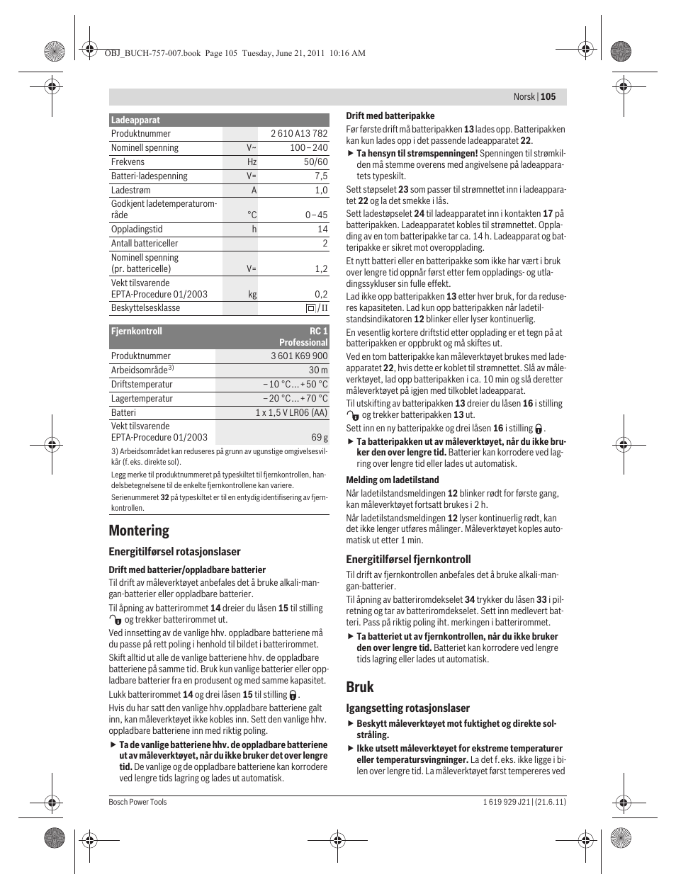 Montering, Bruk | Bosch GRL 300 HV Professional User Manual | Page 105 / 309