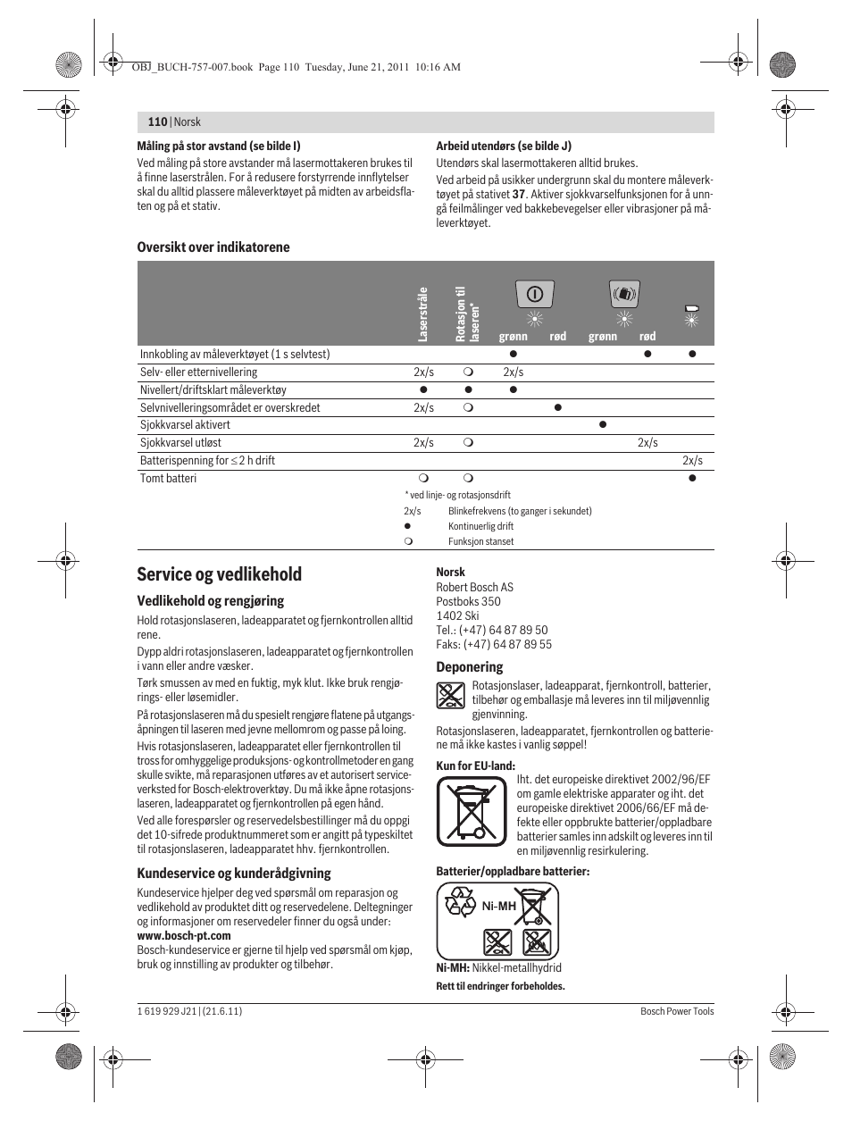 Service og vedlikehold | Bosch GRL 300 HV Professional User Manual | Page 110 / 309