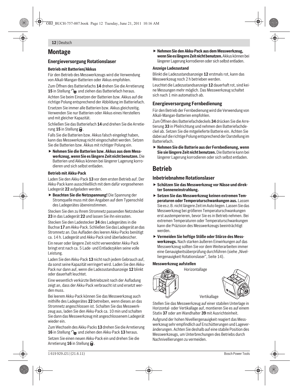 Montage, Betrieb | Bosch GRL 300 HV Professional User Manual | Page 12 / 309