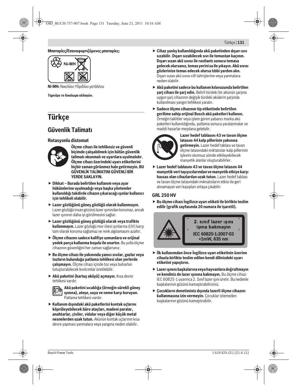 Türkçe, Güvenlik talimat | Bosch GRL 300 HV Professional User Manual | Page 131 / 309