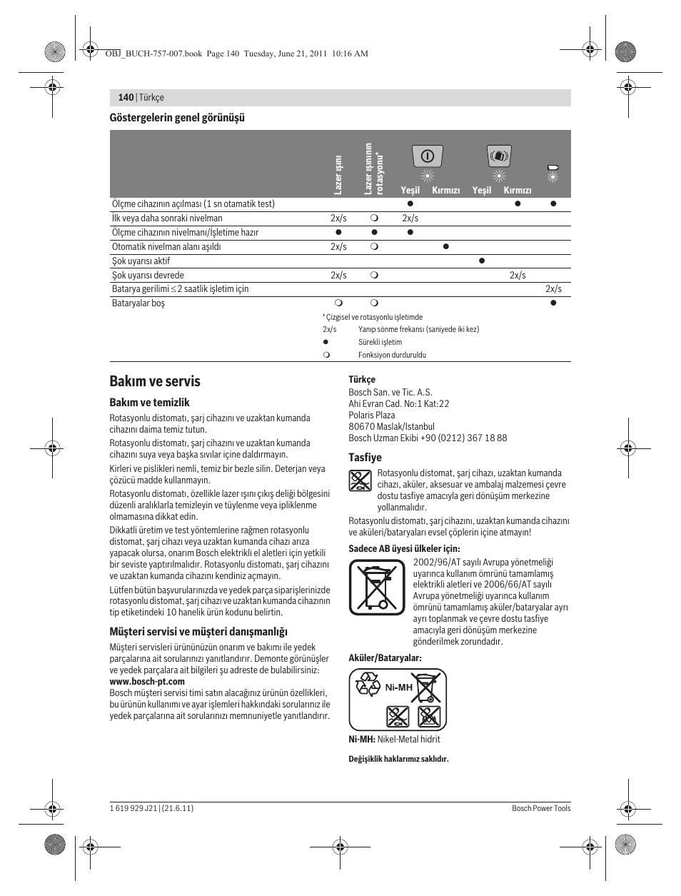 Bak m ve servis | Bosch GRL 300 HV Professional User Manual | Page 140 / 309