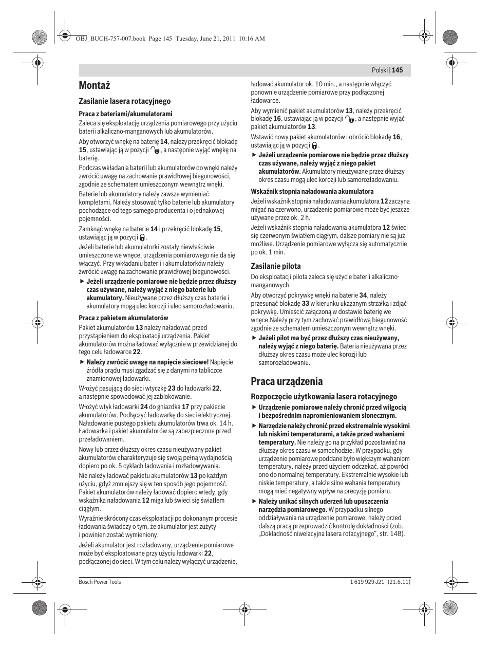 Montaż, Praca urządzenia | Bosch GRL 300 HV Professional User Manual | Page 145 / 309