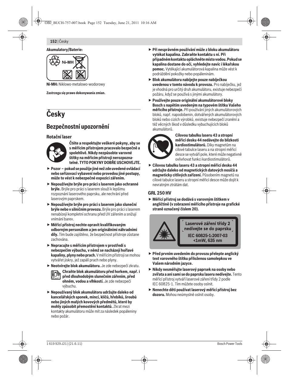 Česky, Bezpečnostní upozornění | Bosch GRL 300 HV Professional User Manual | Page 152 / 309