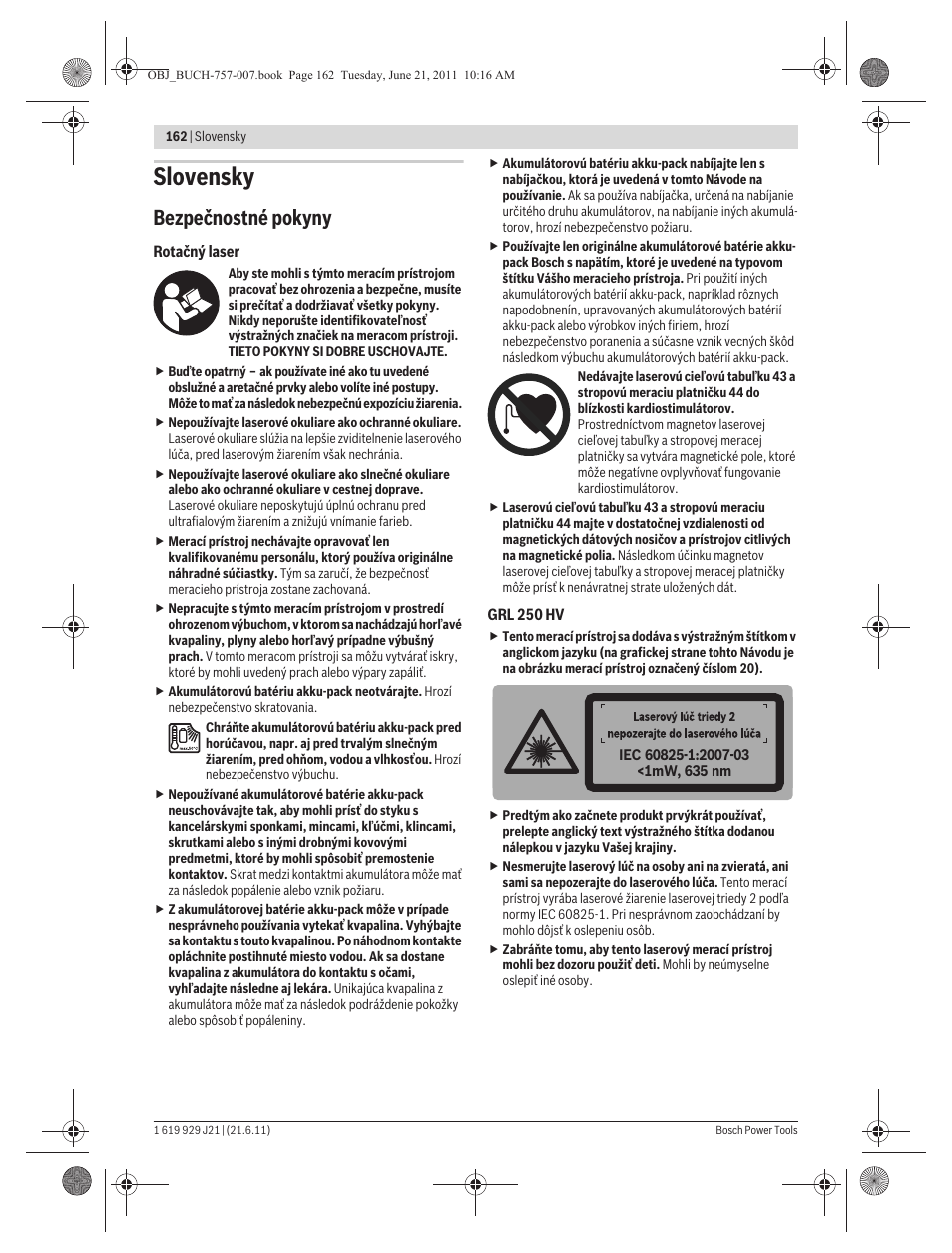 Slovensky, Bezpečnostné pokyny | Bosch GRL 300 HV Professional User Manual | Page 162 / 309