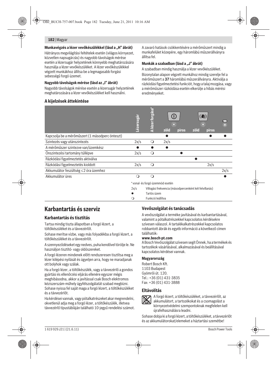 Karbantartás és szerviz | Bosch GRL 300 HV Professional User Manual | Page 182 / 309