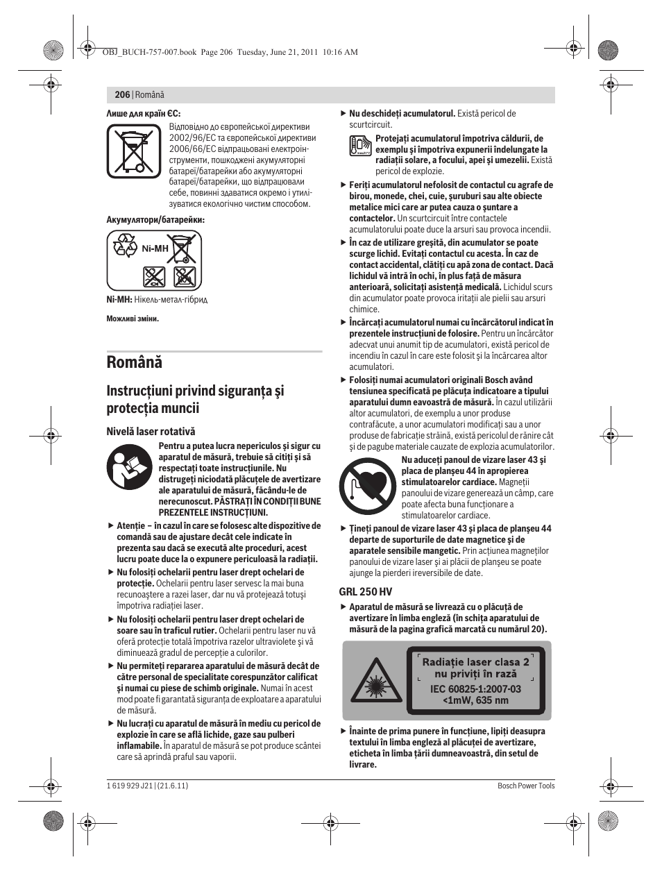 Română, Instrucţiuni privind siguranţa şi protecţia muncii | Bosch GRL 300 HV Professional User Manual | Page 206 / 309