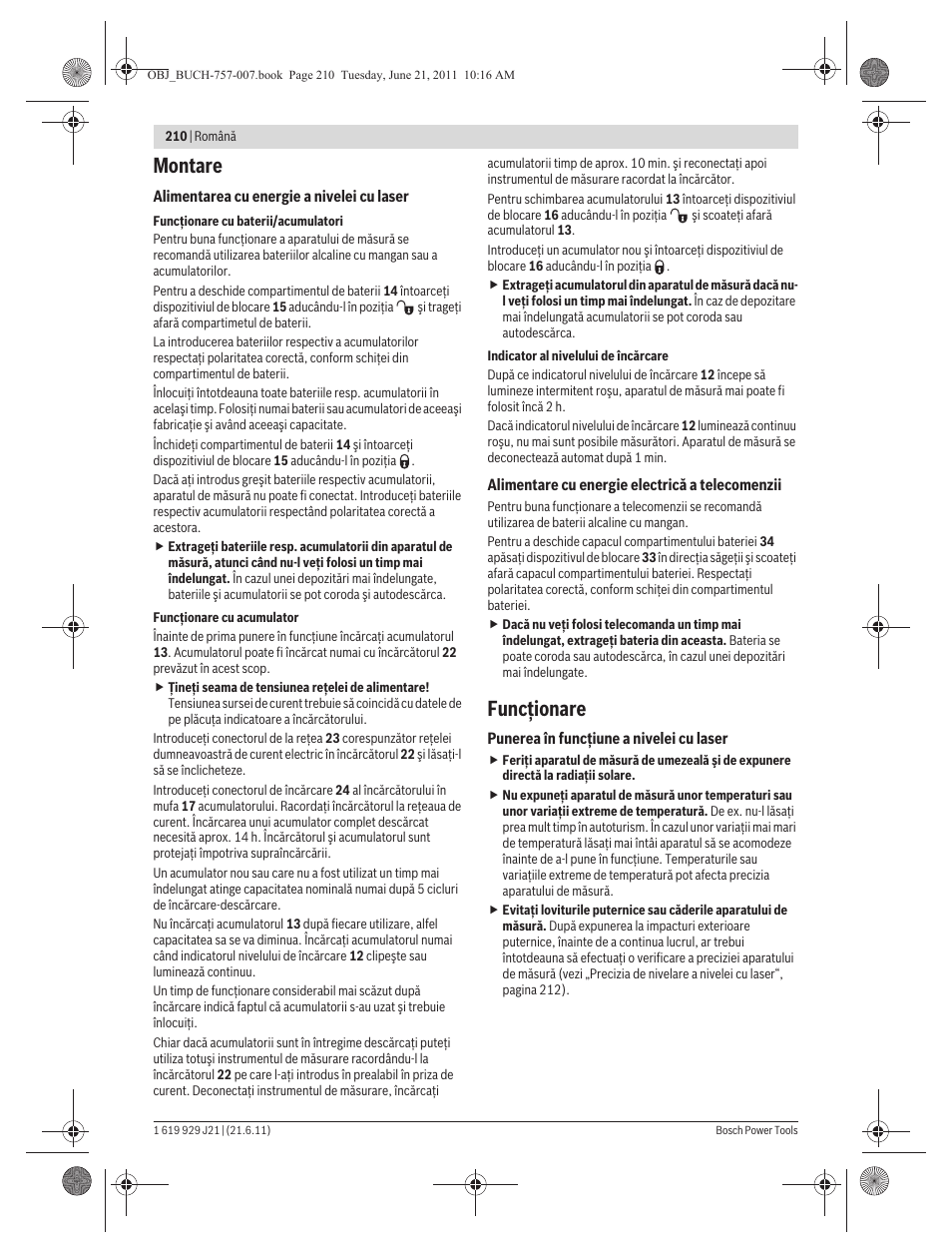 Montare, Funcţionare | Bosch GRL 300 HV Professional User Manual | Page 210 / 309