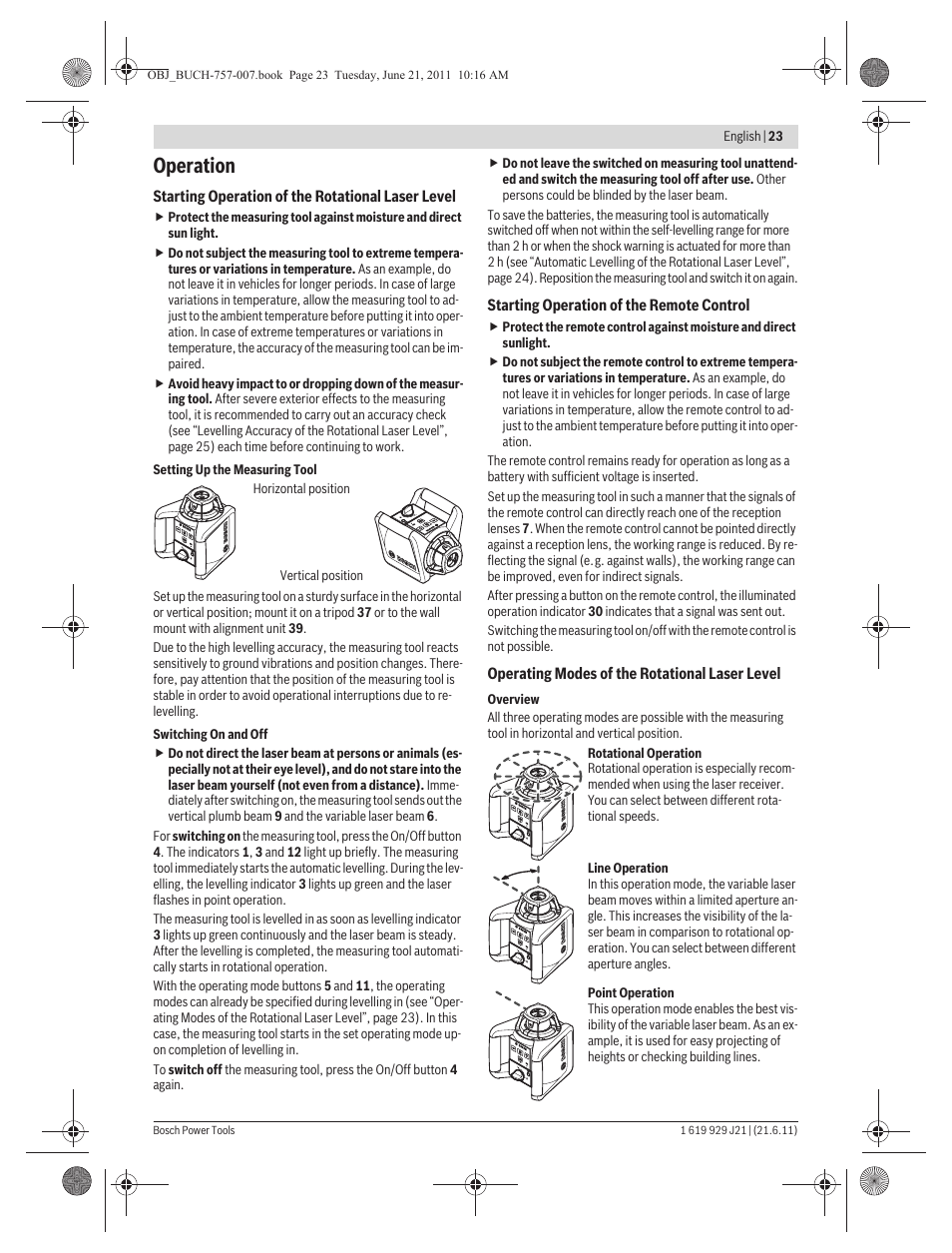 Operation | Bosch GRL 300 HV Professional User Manual | Page 23 / 309