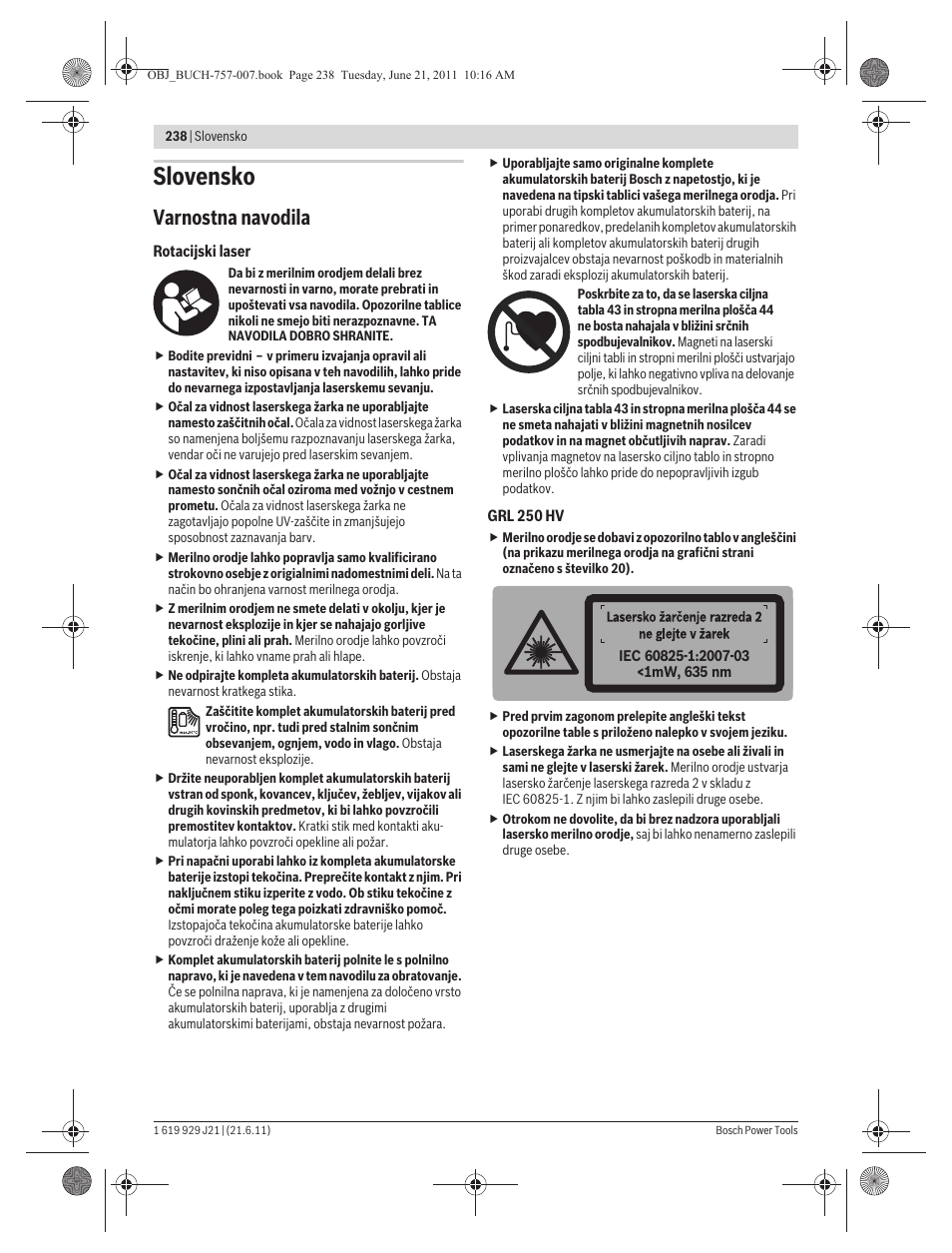 Slovensko, Varnostna navodila | Bosch GRL 300 HV Professional User Manual | Page 238 / 309