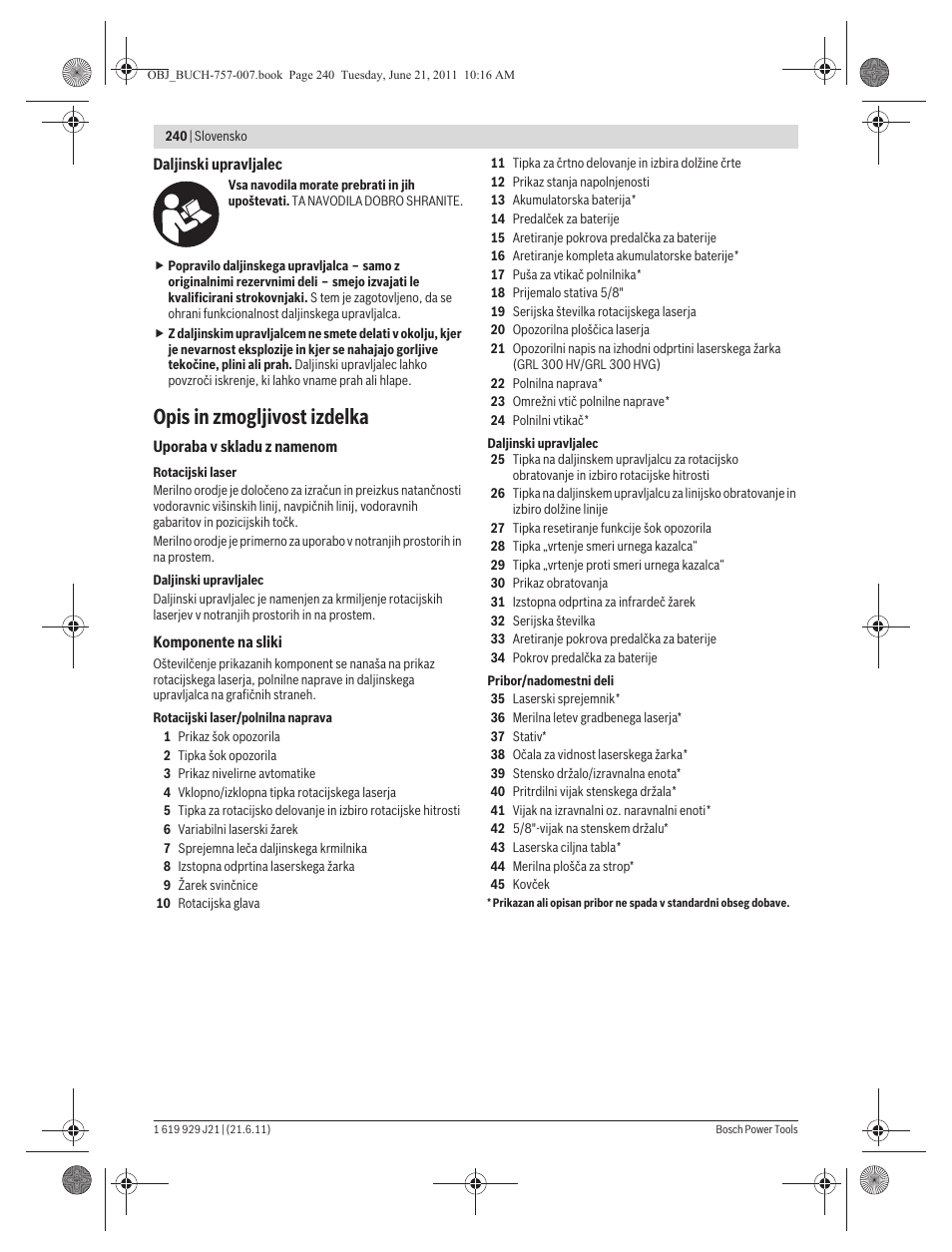 Opis in zmogljivost izdelka | Bosch GRL 300 HV Professional User Manual | Page 240 / 309