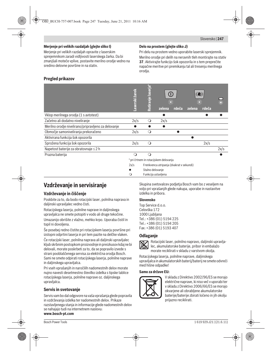 Vzdrževanje in servisiranje | Bosch GRL 300 HV Professional User Manual | Page 247 / 309