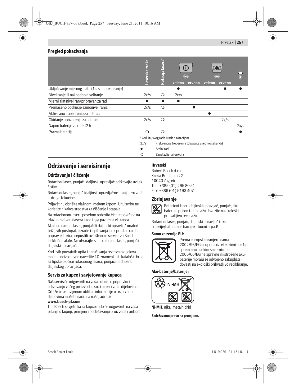 Održavanje i servisiranje | Bosch GRL 300 HV Professional User Manual | Page 257 / 309