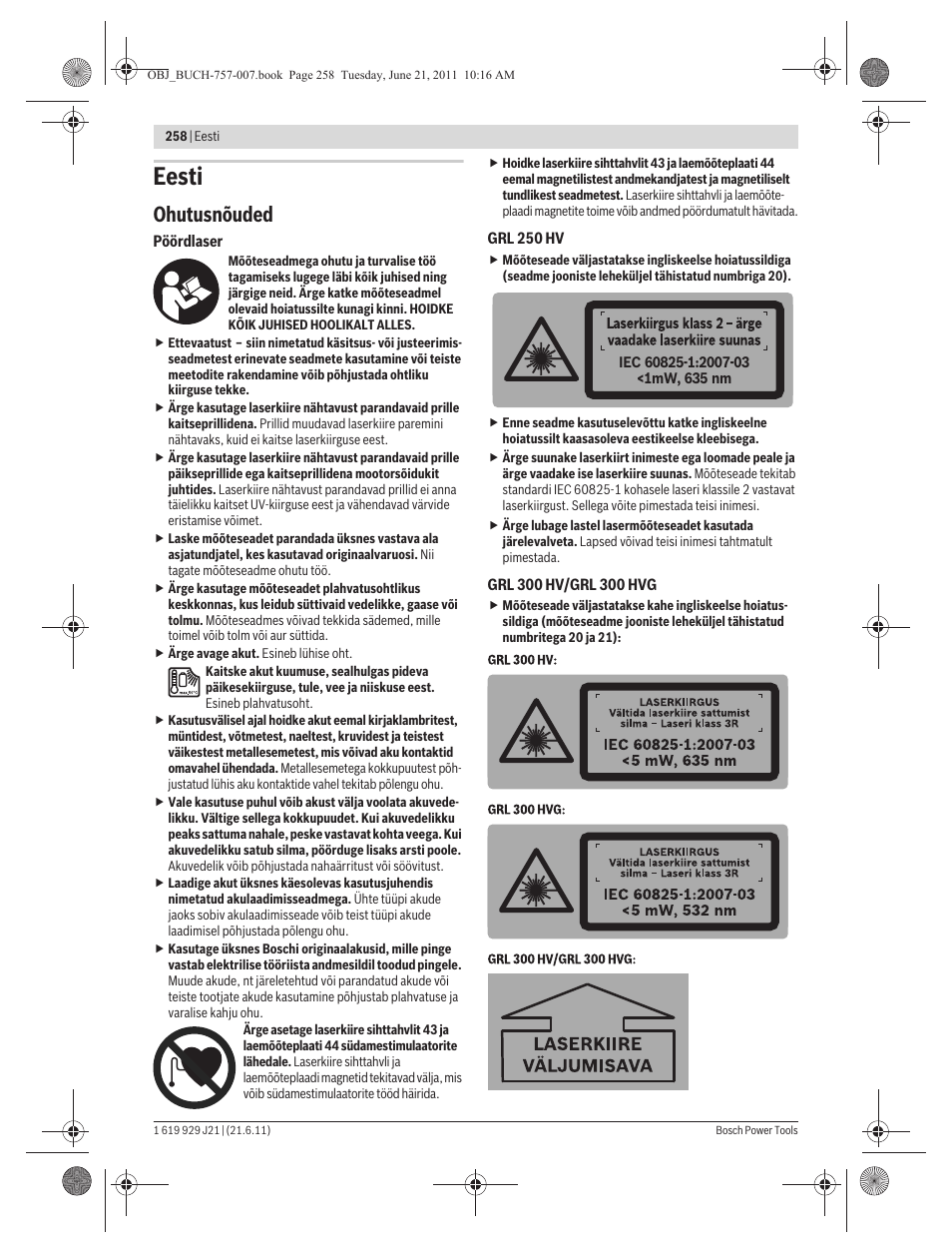 Eesti, Ohutusnõuded | Bosch GRL 300 HV Professional User Manual | Page 258 / 309