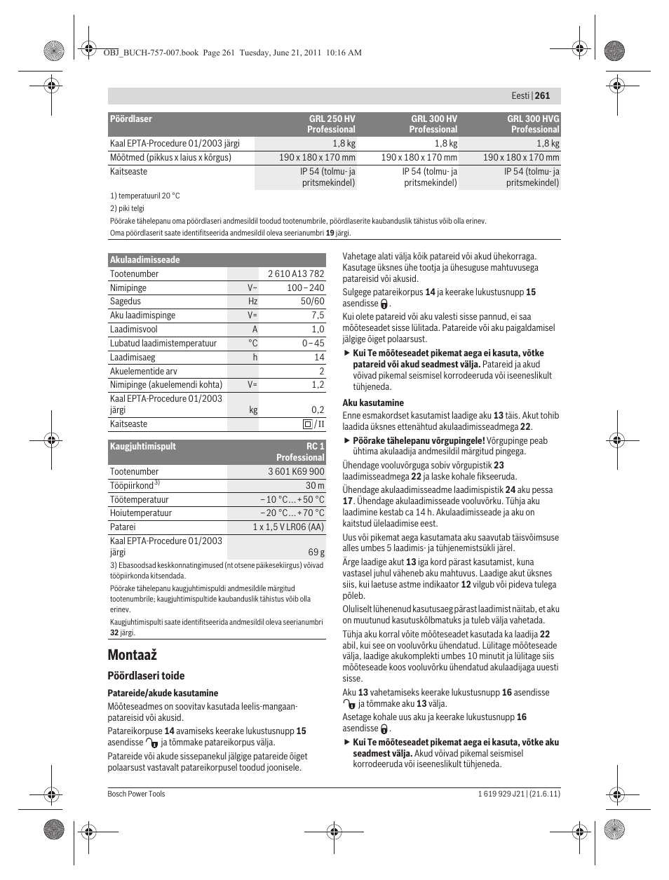 Montaaž | Bosch GRL 300 HV Professional User Manual | Page 261 / 309