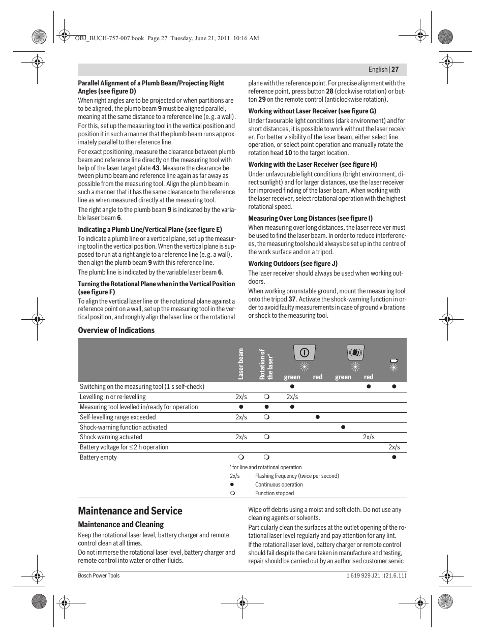 Maintenance and service | Bosch GRL 300 HV Professional User Manual | Page 27 / 309