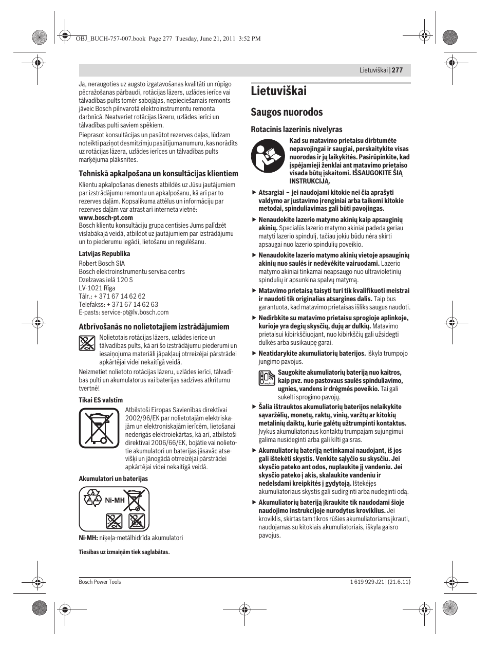 Lietuviškai, Saugos nuorodos | Bosch GRL 300 HV Professional User Manual | Page 277 / 309