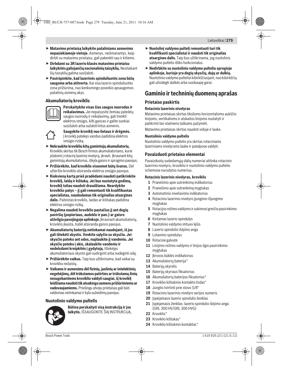 Gaminio ir techninių duomenų aprašas | Bosch GRL 300 HV Professional User Manual | Page 279 / 309