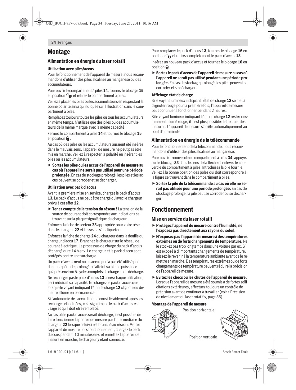 Montage, Fonctionnement | Bosch GRL 300 HV Professional User Manual | Page 34 / 309