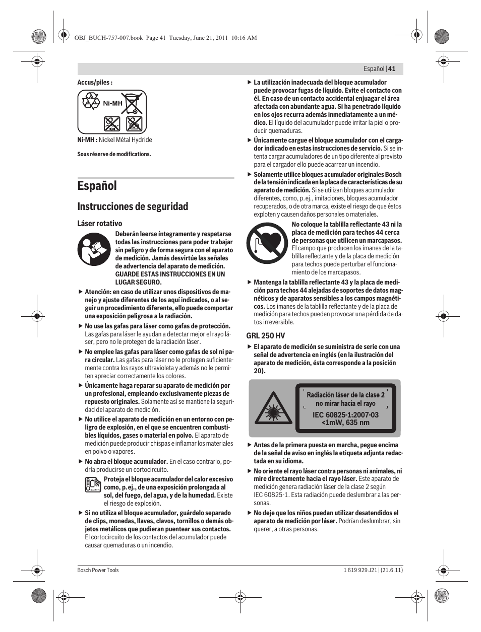 Español, Instrucciones de seguridad | Bosch GRL 300 HV Professional User Manual | Page 41 / 309