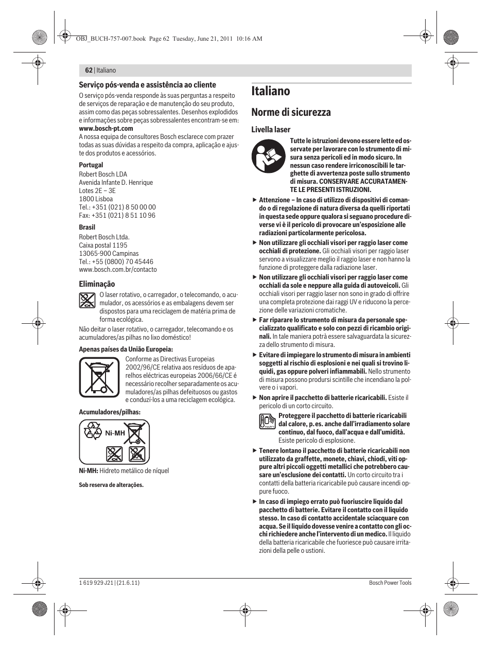 Italiano, Norme di sicurezza | Bosch GRL 300 HV Professional User Manual | Page 62 / 309