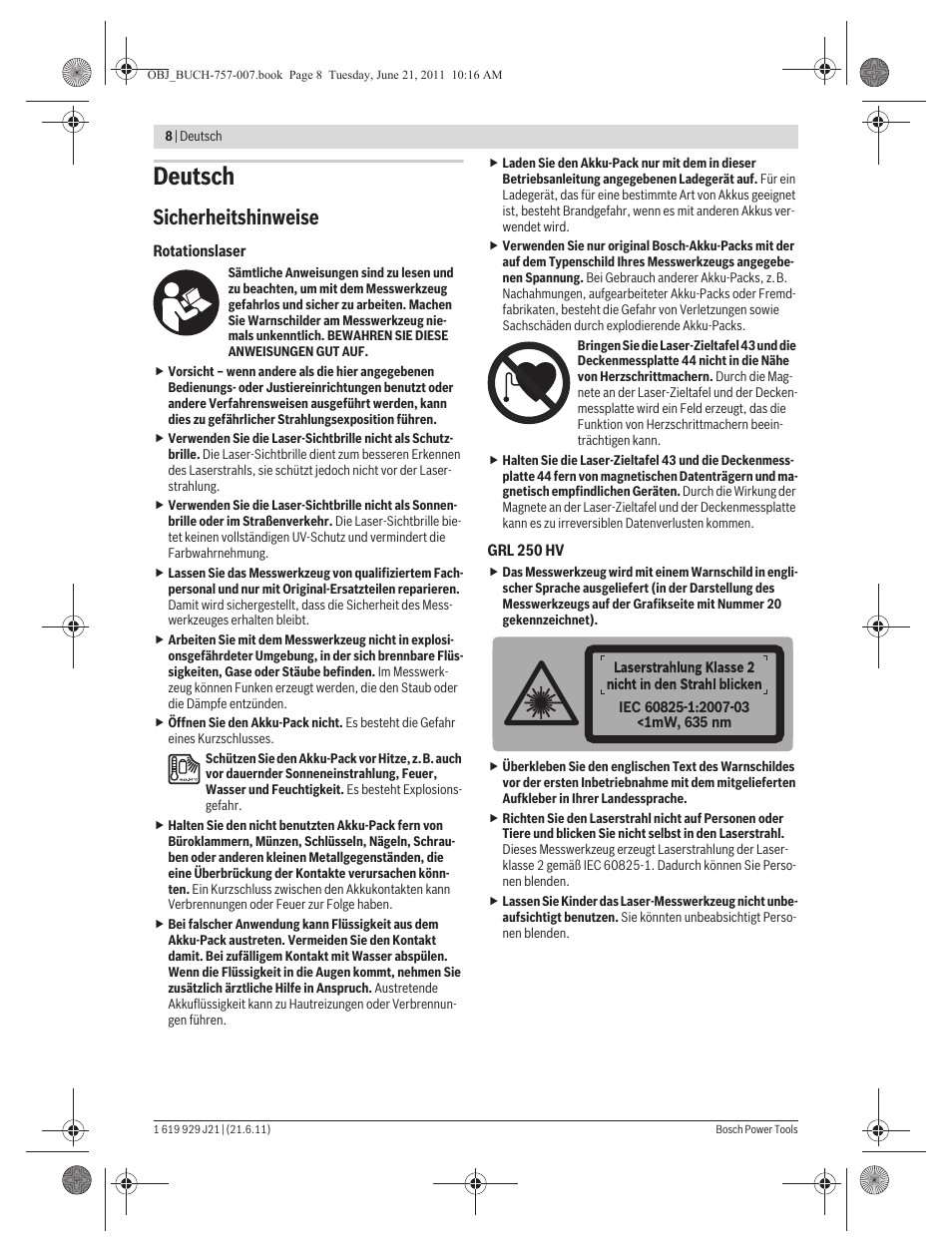 Deutsch, Sicherheitshinweise | Bosch GRL 300 HV Professional User Manual | Page 8 / 309