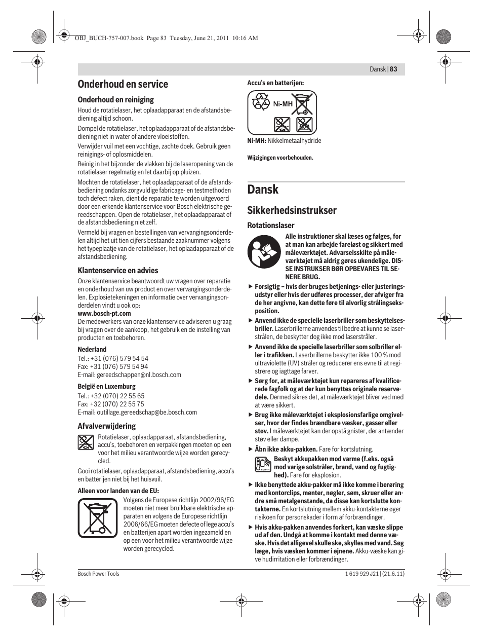 Dansk, Onderhoud en service, Sikkerhedsinstrukser | Bosch GRL 300 HV Professional User Manual | Page 83 / 309