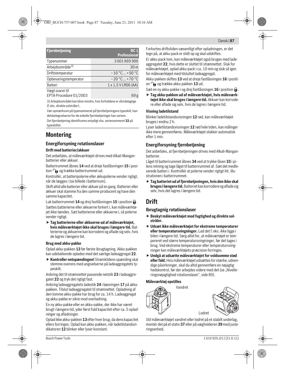 Montering, Drift | Bosch GRL 300 HV Professional User Manual | Page 87 / 309