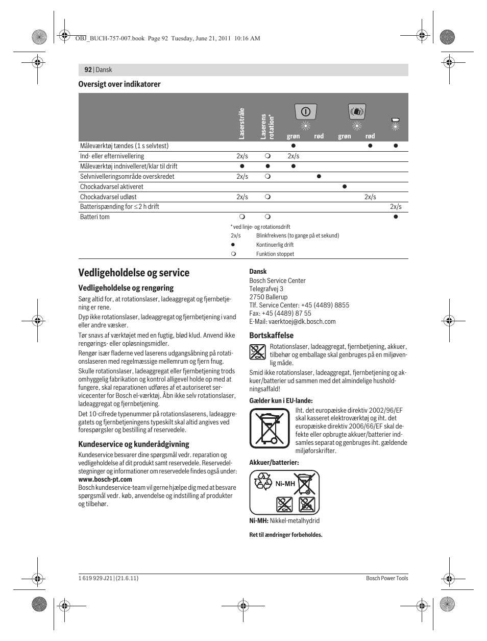 Vedligeholdelse og service | Bosch GRL 300 HV Professional User Manual | Page 92 / 309