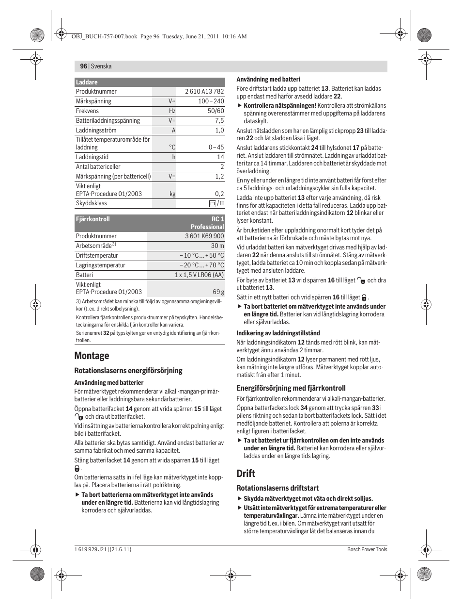 Montage, Drift | Bosch GRL 300 HV Professional User Manual | Page 96 / 309