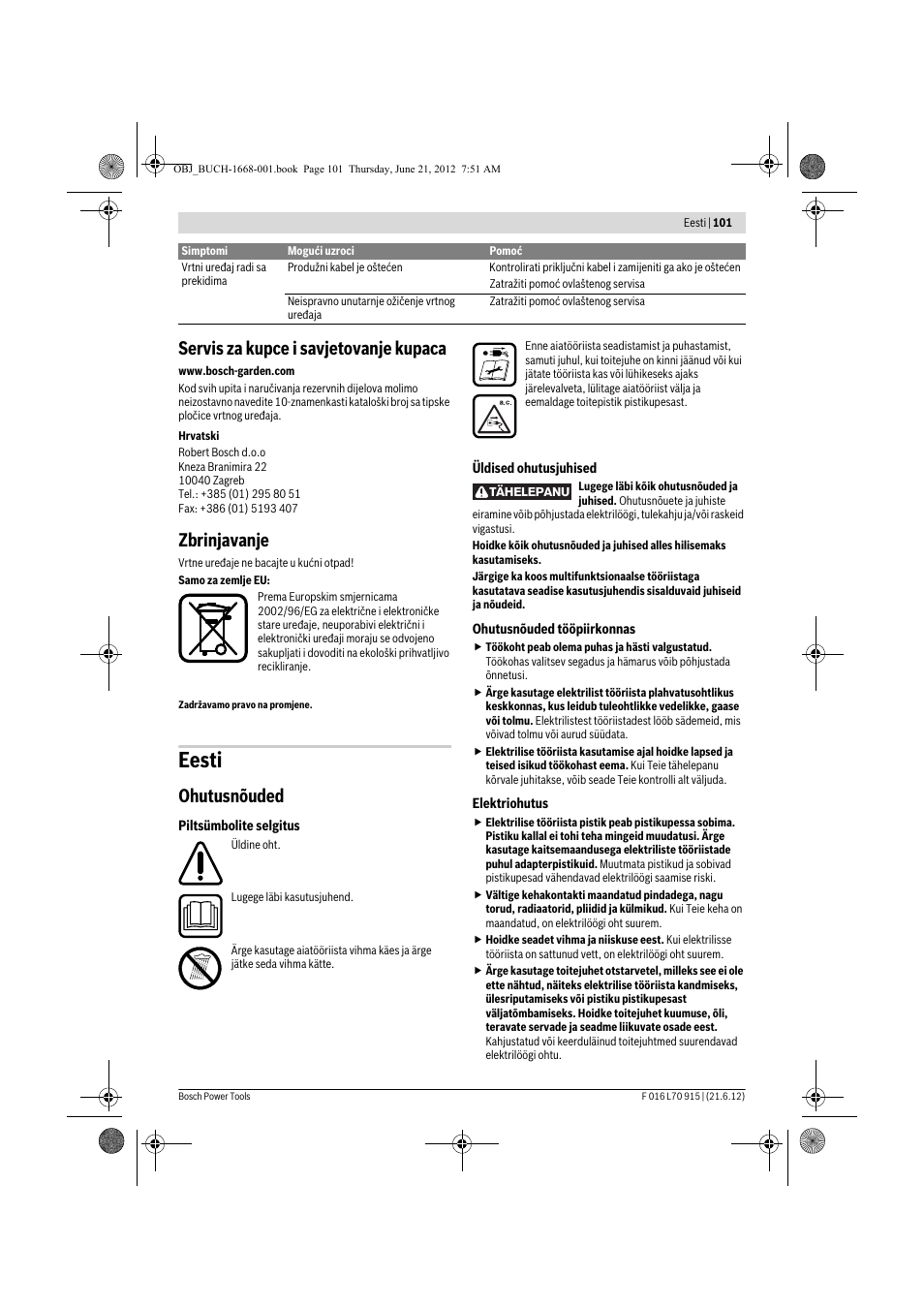 Eesti, Servis za kupce i savjetovanje kupaca, Zbrinjavanje | Ohutusnõuded | Bosch AMW 10 User Manual | Page 101 / 124