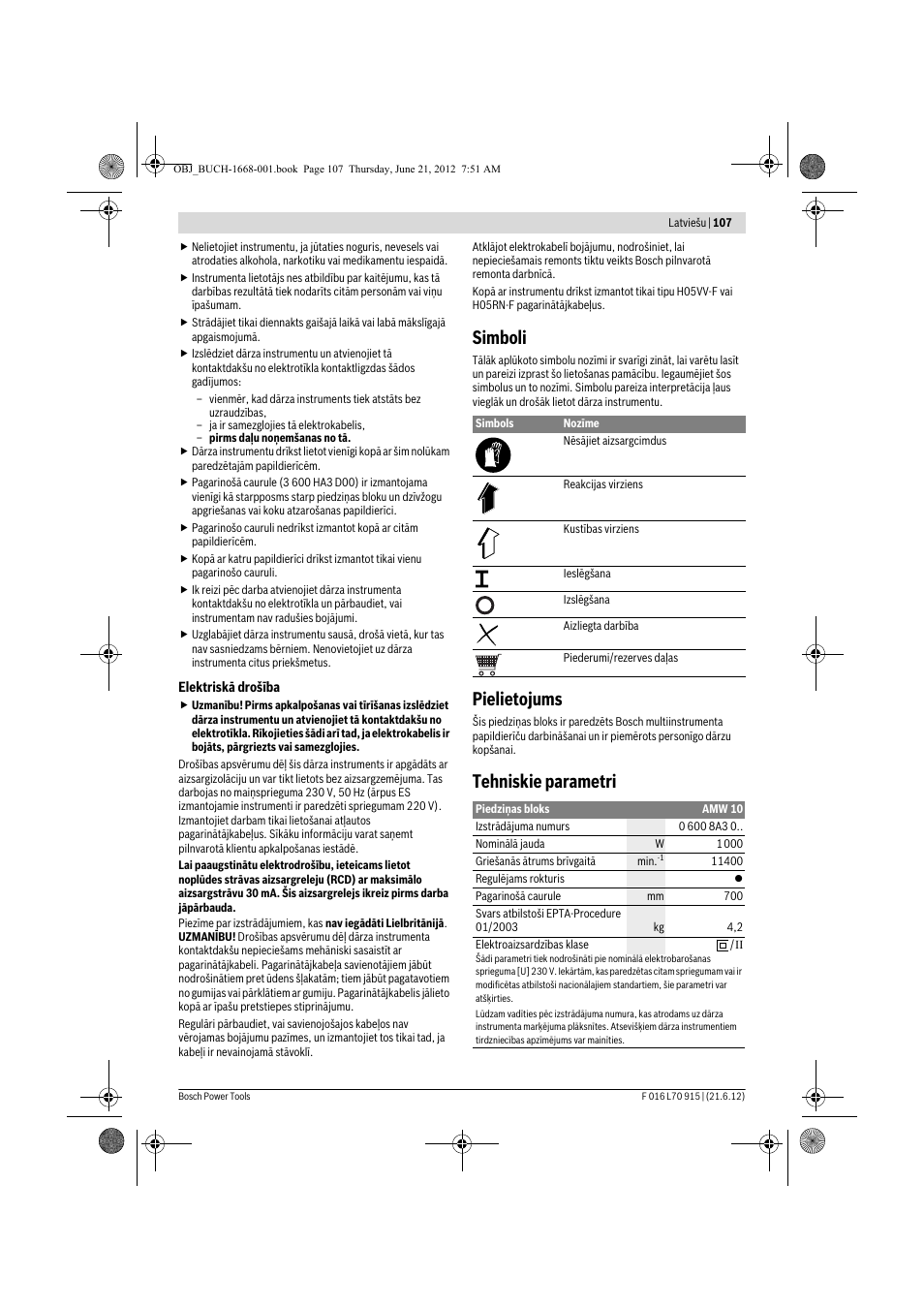 Simboli, Pielietojums, Tehniskie parametri | Bosch AMW 10 User Manual | Page 107 / 124
