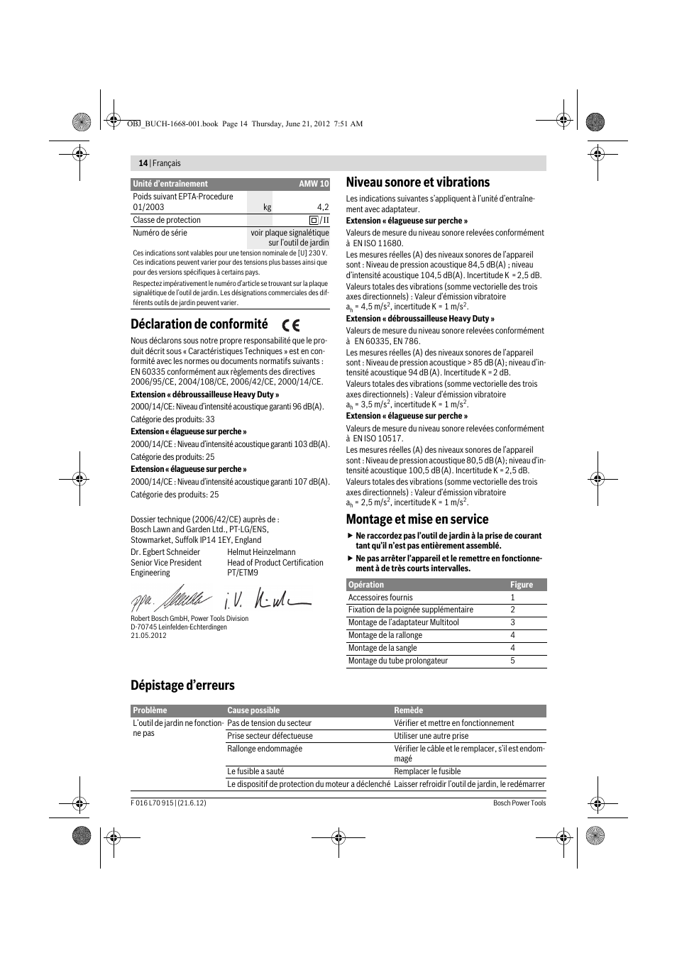 Déclaration de conformité, Niveau sonore et vibrations, Montage et mise en service | Dépistage d’erreurs | Bosch AMW 10 User Manual | Page 14 / 124