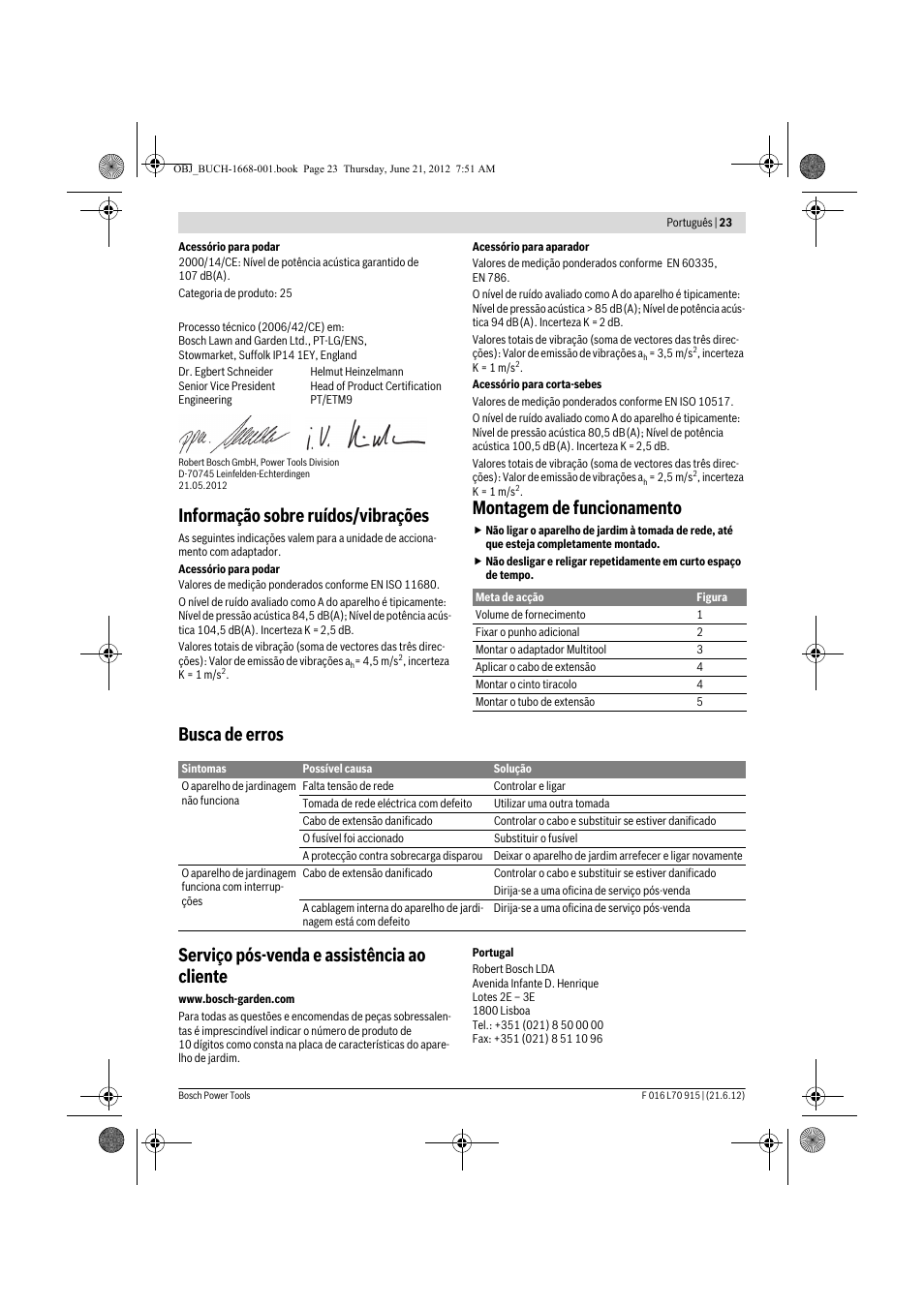 Informação sobre ruídos/vibrações, Montagem de funcionamento | Bosch AMW 10 User Manual | Page 23 / 124