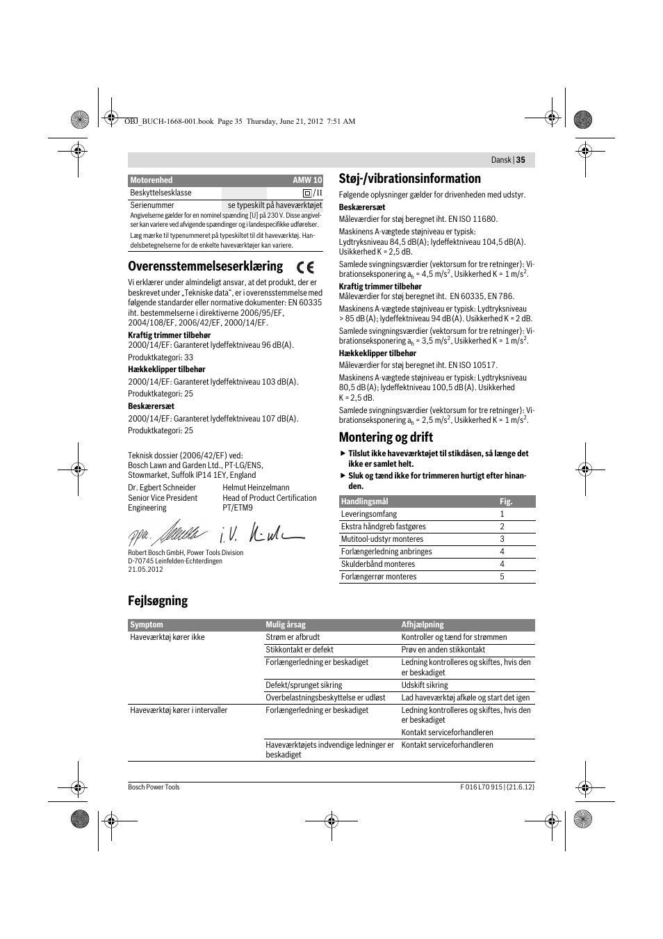 Overensstemmelseserklæring, Støj-/vibrationsinformation, Montering og drift | Fejlsøgning | Bosch AMW 10 User Manual | Page 35 / 124