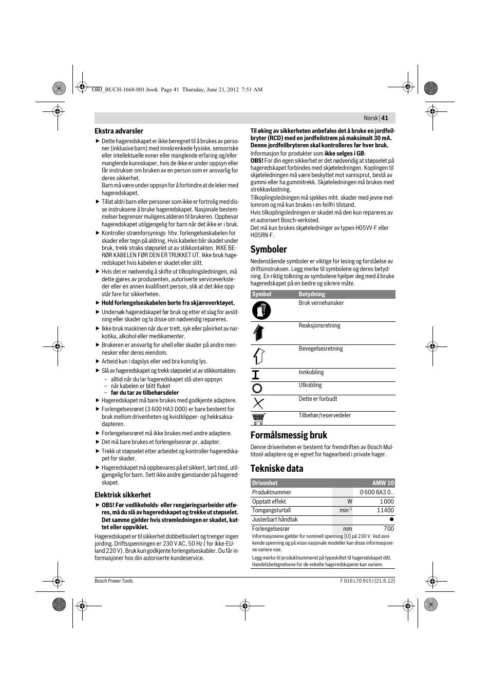 Symboler, Formålsmessig bruk, Tekniske data | Bosch AMW 10 User Manual | Page 41 / 124