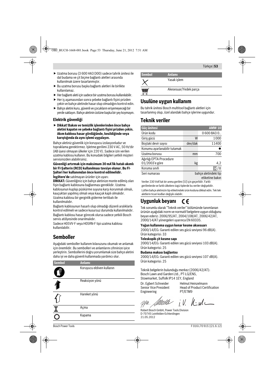 Semboller, Usulüne uygun kullan m, Teknik veriler uygunluk beyan | Bosch AMW 10 User Manual | Page 53 / 124