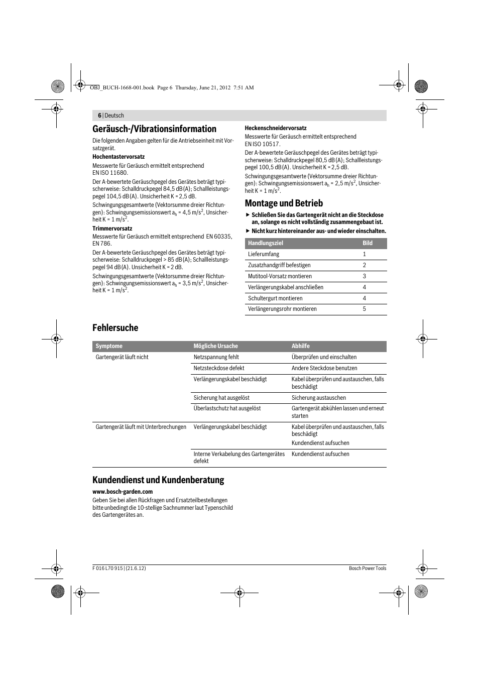 Geräusch-/vibrationsinformation, Montage und betrieb, Fehlersuche kundendienst und kundenberatung | Bosch AMW 10 User Manual | Page 6 / 124