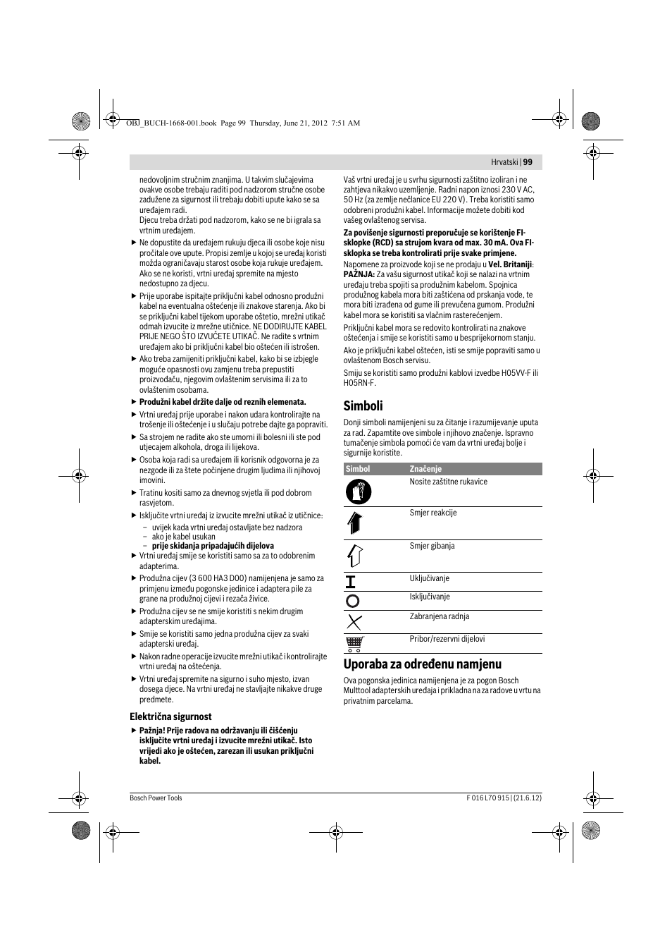 Simboli, Uporaba za određenu namjenu | Bosch AMW 10 User Manual | Page 99 / 124