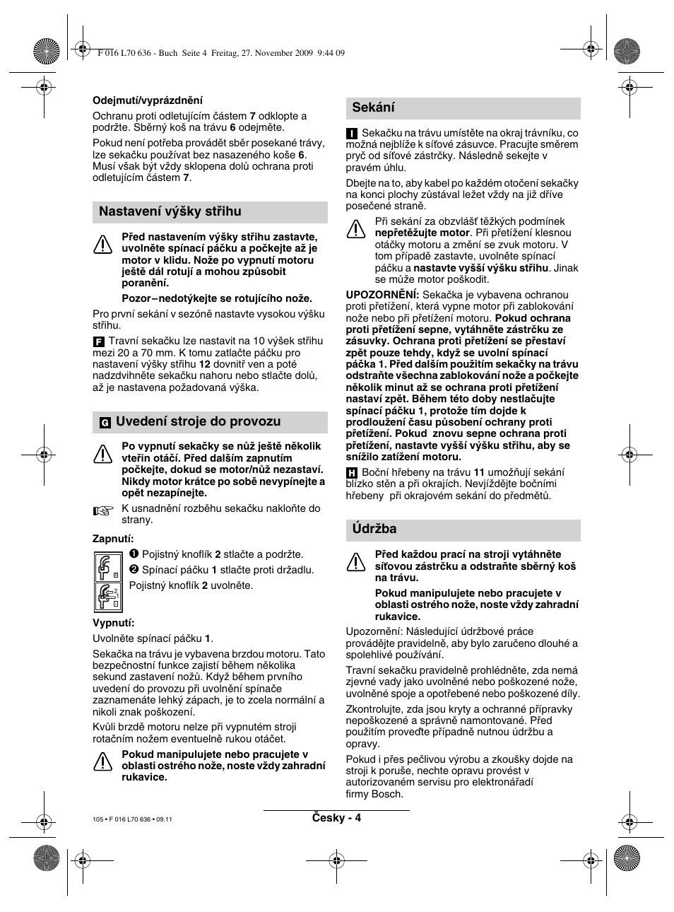 Nastavení v˘‰ky stﬁihu uvedení stroje do provozu, Sekání údrïba | Bosch ROTAK 34 User Manual | Page 105 / 195