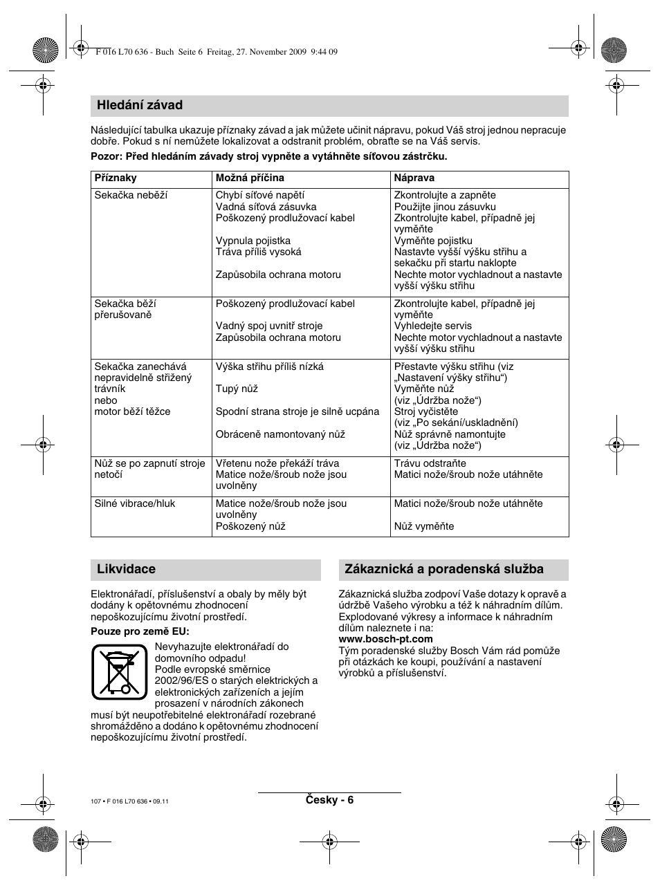 Hledání závad, Likvidace zákaznická a poradenská sluïba | Bosch ROTAK 34 User Manual | Page 107 / 195