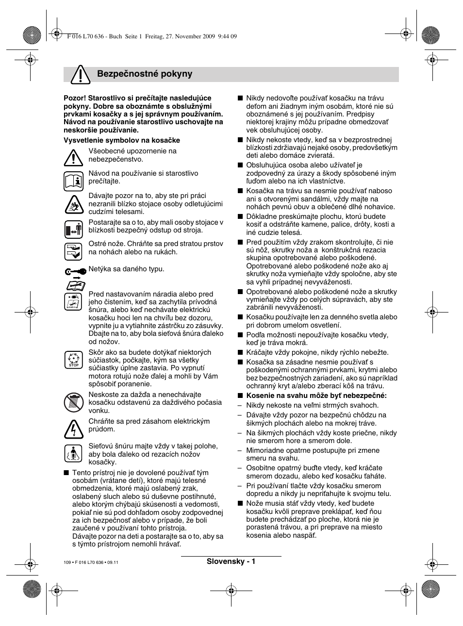 Bezpeãnostné pokyny | Bosch ROTAK 34 User Manual | Page 109 / 195